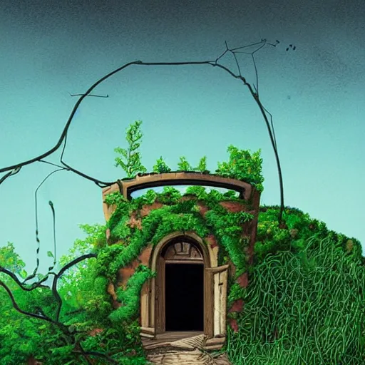 Image similar to “An abandoned mountaintop observatory with vines and lush plants growing up the walls and into the openings. Photorealistic retro book cover illustration. Award winning studio quality artwork with fine linework, edging, shading. ”