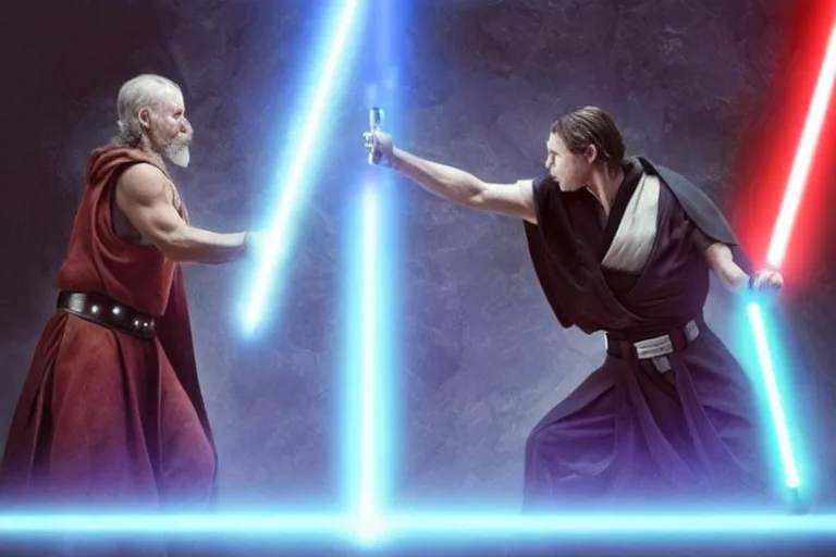 Image similar to an epic fight scene between a jedi and a sith