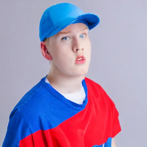 Prompt: a portrait of an average white teenage boy with blue colored hair, wearing a red backwards cap, white t - shirt with a red no symbol on it, blue long pants and red shoes, holding a microphone, studio lighting, photoshoot, grey background