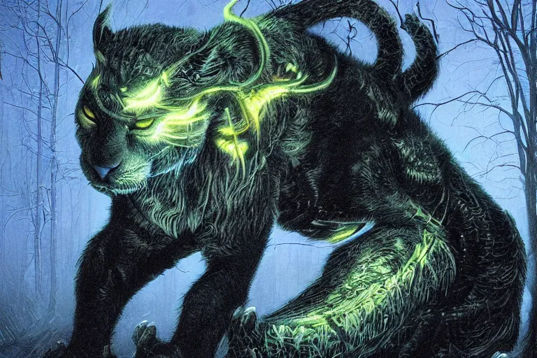 Image similar to cybernetic sabretooth panther, metallic, made of neon light, volumetric lighting, by caspar david friedrich and wayne barlowe and ted nasmith