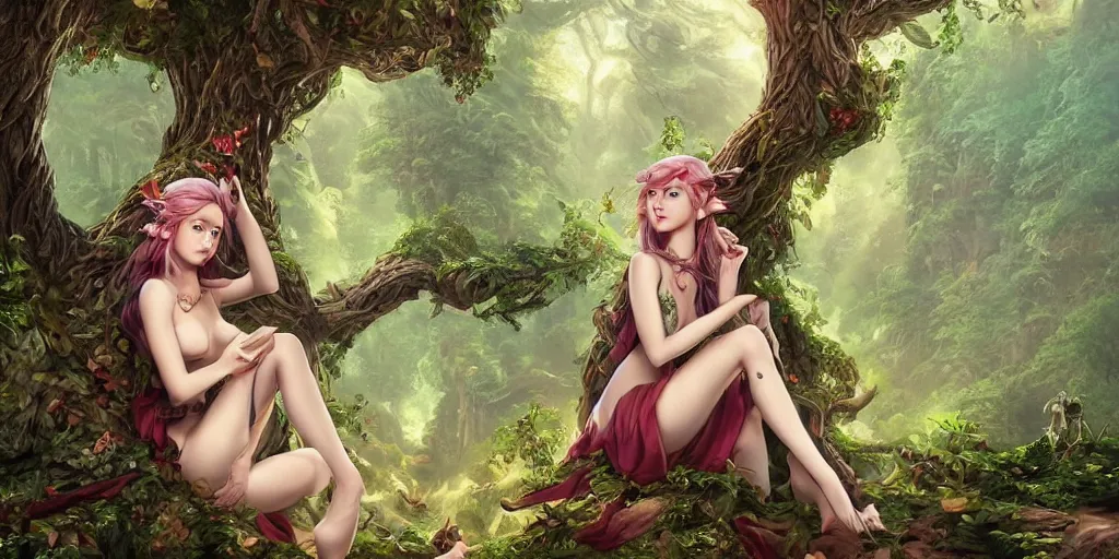 Image similar to alluring highly-res photo an attractive young elf woman sitting on top of giant tree in her tree city, looking on the opposite of the picture, clothed in a chesty fantasy outfit, intricate, elegant, highly detailed, digital painting, trending on Artstation, concept art, smooth, sharp focus, colorful, illustration, in the style of artgerm and greg rutkowski and alphonse mucha