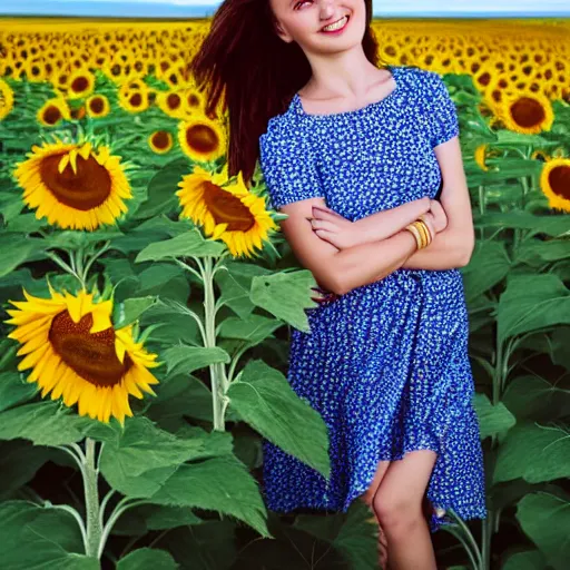 Image similar to Portrait, Illustration of a Ukrainian girl Smiling, Beautiful pretty young, flowers in her dark hair, Scene: Sunflower field, Colors: Yellow sunflowers, blue cloudy sky, In a style of Full Frame