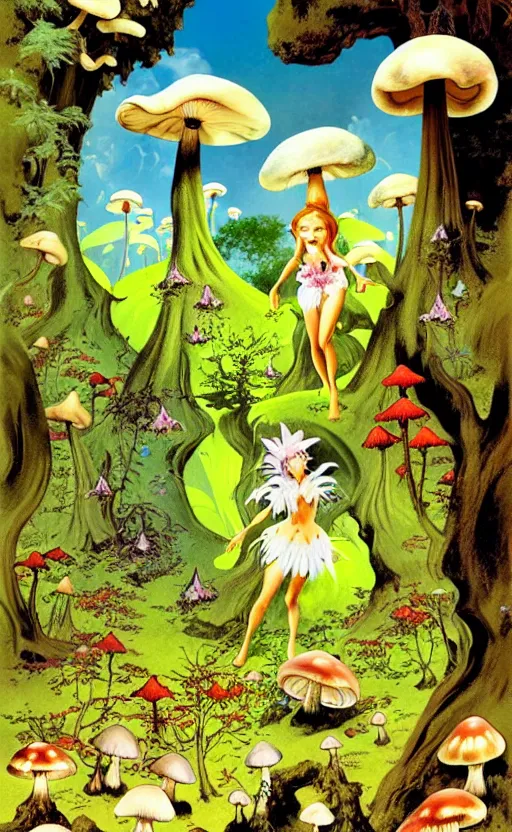 Image similar to fairies, enchanted forest, mushrooms on the ground, psychedelic, wide angle shot, white background, vector art, illustration by frank frazetta and salvador dali