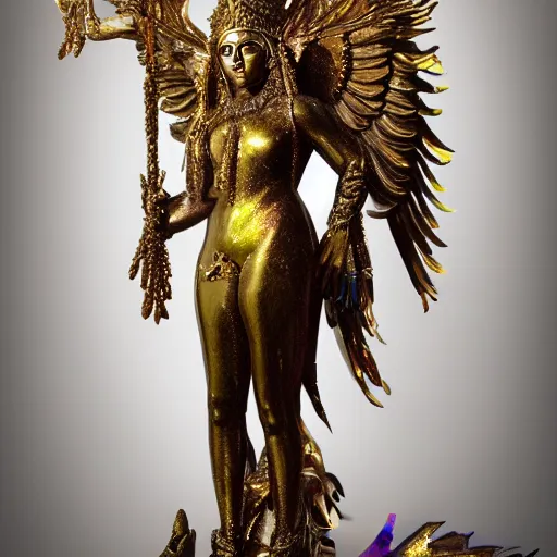 Prompt: a full body madonna statue made of iridiscent metal inspired by the looks of vishnu, very detailed, unreal engine 5, made for an art gallery