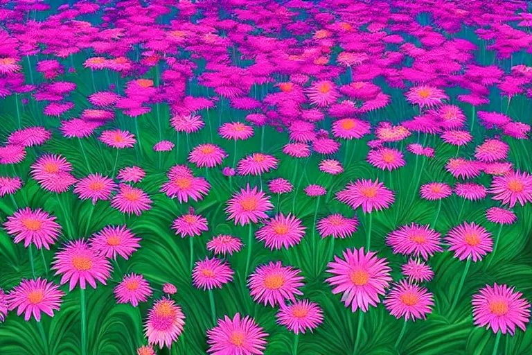 Image similar to beautiful field of giant gerber daisy flowers digital illustration by dr. seuss : 1 | colorful surreal psychedelic megaflora forest by beeple : 1