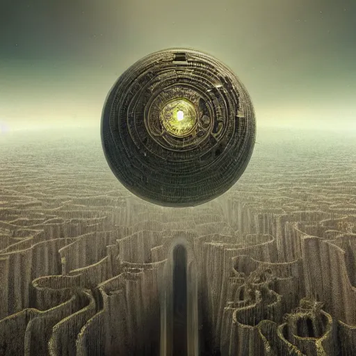 Image similar to The world is labyrinthine beyond possibility of imagining, inhabited on many levels by alien intelligence, infinite in extent, staggering in its beauty, terrifying in its weirdness, endlessly satisfying and peculiar, by Giger and John Constable and Bruce Pennington, cinematic lighting, hyper realism, high detail, octane render, 8k, iridescent accents