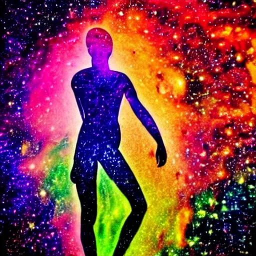 Image similar to A psychedelic silhouette of a human body filled with the universe, planets, stars and galaxies