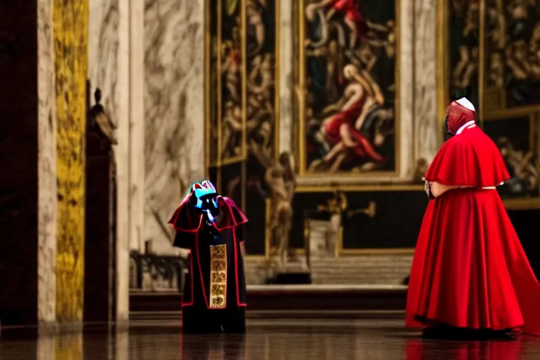 Image similar to dark scene at the vatican, pope performing an exercism on a girl with long black hair wearing a red dress, dramatic atmosphere, 3 5 mm, vivid colors, hyper detailed, 8 k