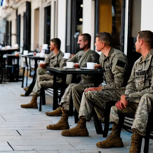 Image similar to special forces soldiers in black suits sitting at the cafe and drinking coffee