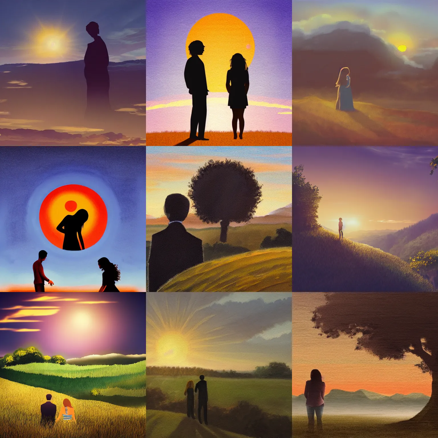 Prompt: long shot landscape tiny young man and woman with long brown hair silhouette, sun rise, realism