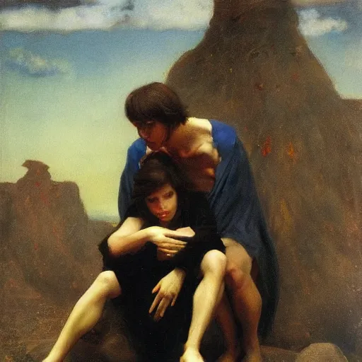 Prompt: little devils were sitting on the shoulder of the man. by arnold bocklin and herbert james draper . oil on wood. highly detailed trending on artstation