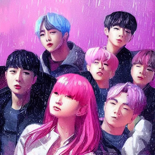 Image similar to “ a portrait of bts, rainy background, pink bright art masterpiece artstation. 8 k, sharp high quality artwork in style of jose daniel cabrera pena and greg rutkowski, concept art by tooth wu, hearthstone card game artwork. ”