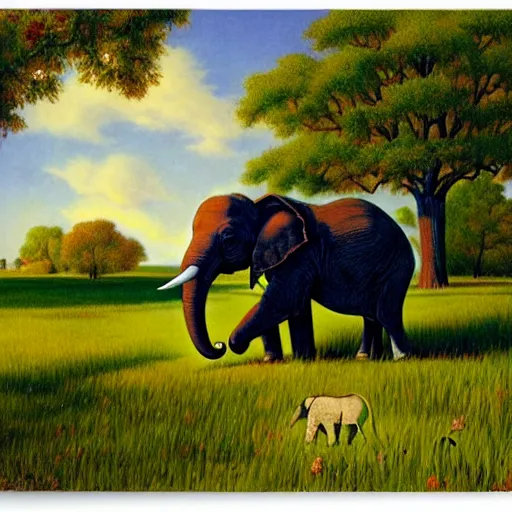 Prompt: Portrait of an elephant on a green meadow, style Carl Barks