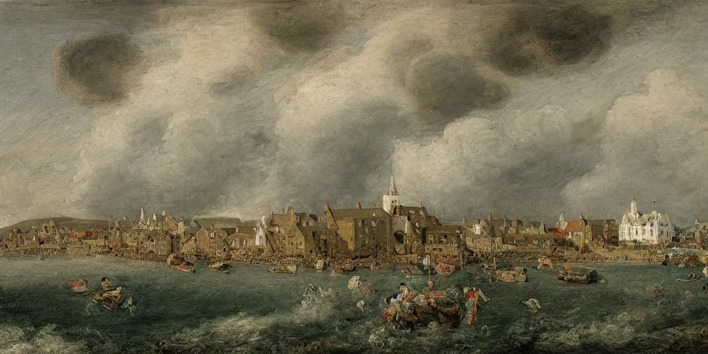 Image similar to a painting of the harbour at Stromness, orkney islands, small houses, boats, sea, stormy clouds, by François Boucher, by Antoine Watteau