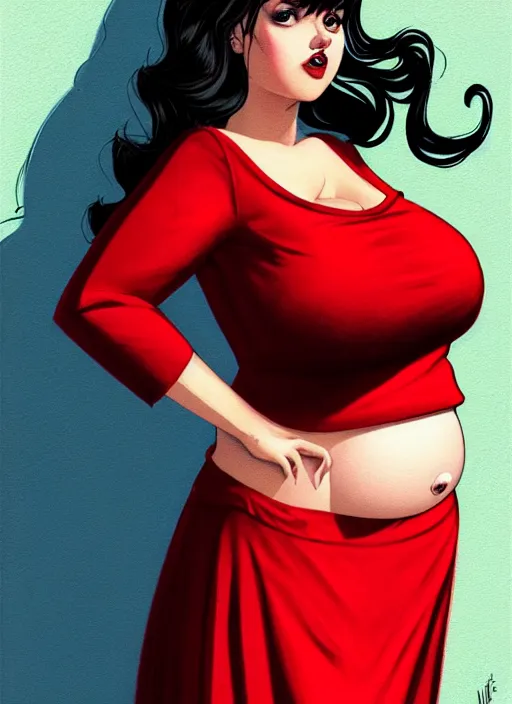 Image similar to full body portrait of teenage veronica lodge, obese, bangs, sultry, realistic, sultry smirk, wavy hair, red skirt, fat, belly, intricate, elegant, glowing lights, highly detailed, digital painting, artstation, concept art, smooth, sharp focus, illustration, art by wlop, mars ravelo and greg rutkowski