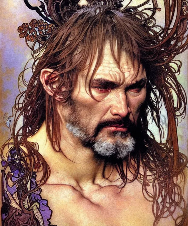 Prompt: realistic detailed face portrait of a rugged beast animalistic shaman by alphonse mucha, ayami kojima, amano, greg hildebrandt, and mark brooks, male, masculine, art nouveau, neo - gothic, gothic, character concept design