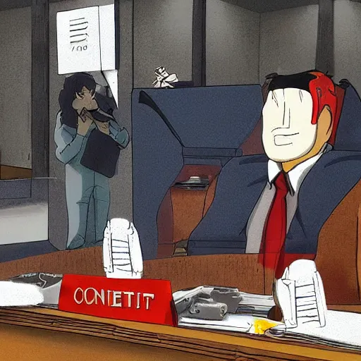 Prompt: sentient hot dog in courtroom trial, anime style, 4k, detailed, jury of condiments, suits and hats, volumetric lighting