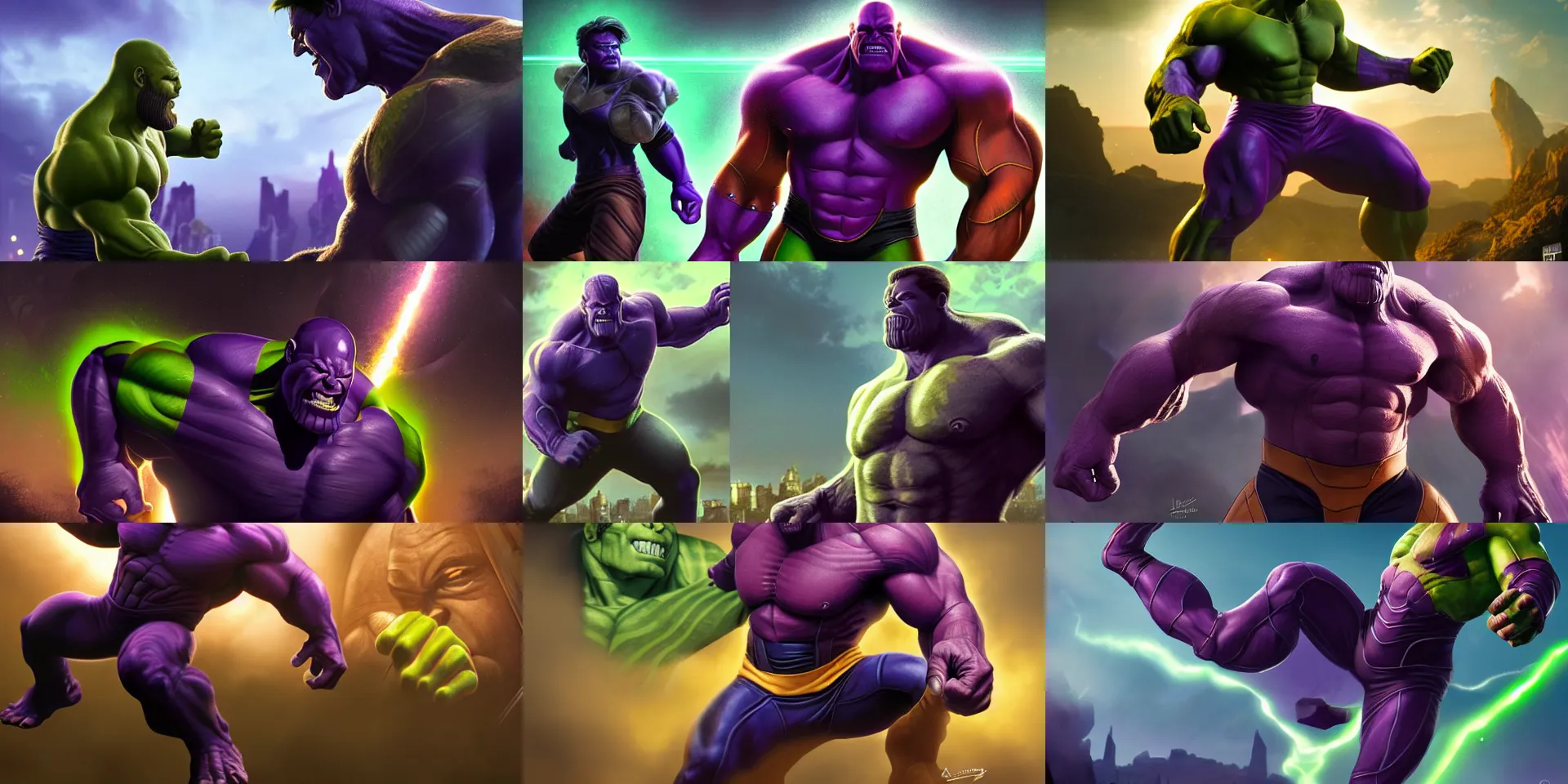 Prompt: cinematic,wide shot,Thanos fights Hulk Maestro on Titan,photorealistic,digital art,epic,masterpiece,legendary,illustration by artgerm,dramatic lighting,trending on artstation,8k