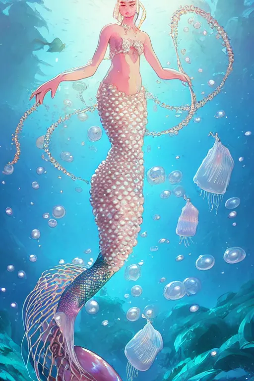Image similar to a beautiful mermaid queen of the ocean in the middle of coral reefs, pearl and crystal jewelry, complex and shiny dress inspired by jellyfish, by ross tran and atey ghailan, by greg rutkowski, by greg tocchini, by james gilleard, by joe fenton, by kaethe butcher, dynamic lighting, grunge aesthetic