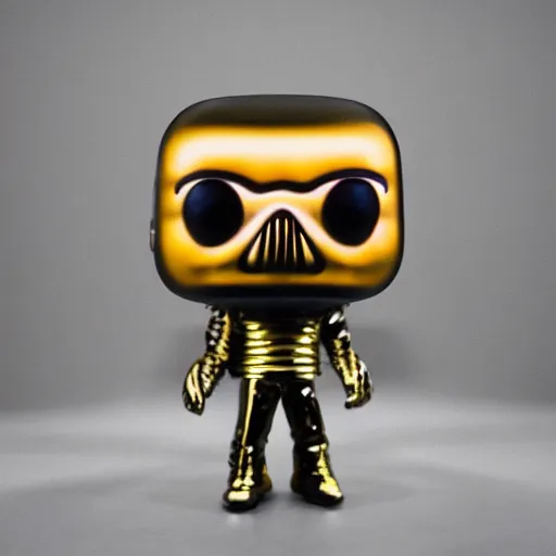 Image similar to metal chrome funko pop with neon lighting