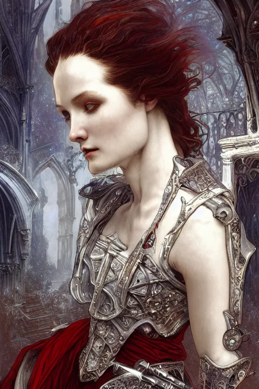 Image similar to beautiful luxury and elite and victorian and holy medieval female red and white silver mirror color armor knight portrait+smoky eyes+light flowing hair, in ruin gothic cathedral, ultradetail face, art and illustration by tian zi and craig mullins and WLOP and alphonse mucha, fantasy, intricate complexity, human structure, fantasy world concept, watermark, blurry, hyperrealism 8k