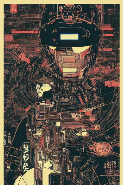 Prompt: futuristic japanese cyberpunk bladerunner silk screen by utagawa yoshiiku, ohara koson, pixiv contest winner, cyberpunk style, cyberpunk color scheme, mechanical, robotic, human machine interface, high resolution, hd, bold clear lines