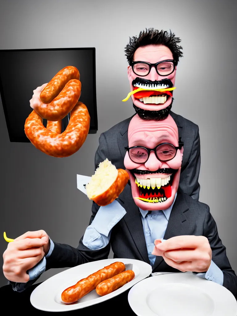 Image similar to an imperfect journalistic portrait of a mecha accountant, after he has caught a truly enormous frankfurter in his mouth. he grins proudly, baring his gargantuan razor sharp teeth like blades of a professional food processor