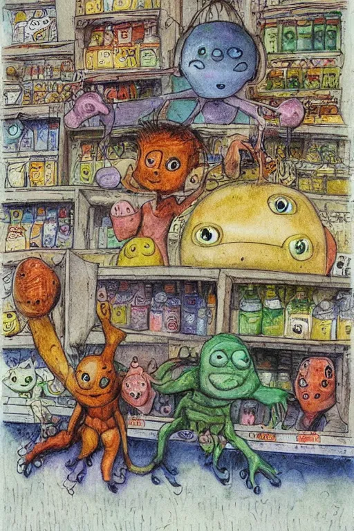 Prompt: cute aliens in a grocery store by jerry pinkney