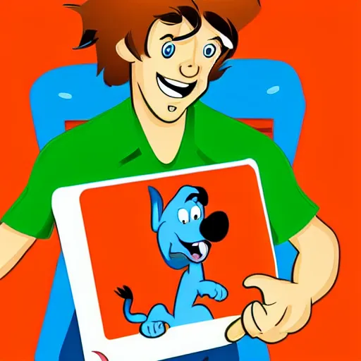 Image similar to shaggy from scooby doo holding laptop cartoon, disney, children's illustration, character