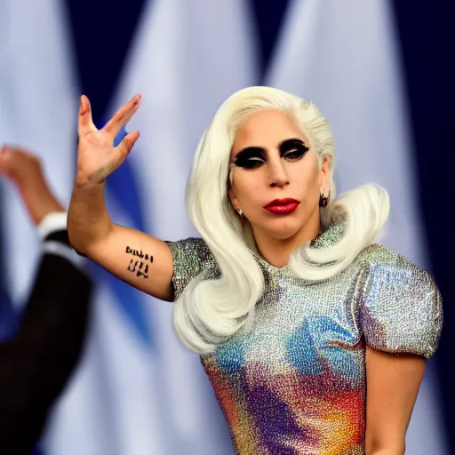 Prompt: Lady Gaga president of Argentina, Argentina flag behind, bokeh, detailed, hd, waving hands