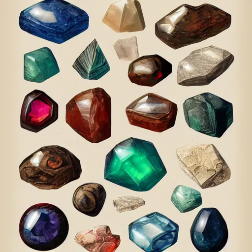 Prompt: full page antique lithograph of gemstones minerals, White background, art print, clean brush stroke, realistic highly detailed, 8k post-processing highly detailed, rendered by octane engine, esty,