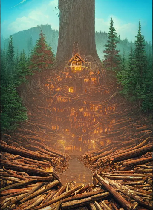 Prompt: Twin Peaks poster artwork by Michael Whelan and Tomer Hanuka, Rendering of log pile factory, owls spirits watch, full of details, by Makoto Shinkai and thomas kinkade, Matte painting, trending on artstation and unreal engine