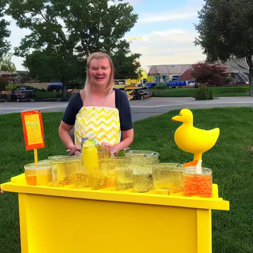 Image similar to a yellow human sized duck standing next to a children's lemonade stand