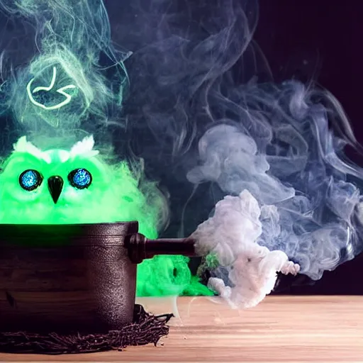 Prompt: owl, teen witch mixing a spell in a cauldron, wispy smoke, witch hat, studio photography, green glowing smoke is coming out of the cauldron, ingredients on the table, unorganized apothecary shelves in the background