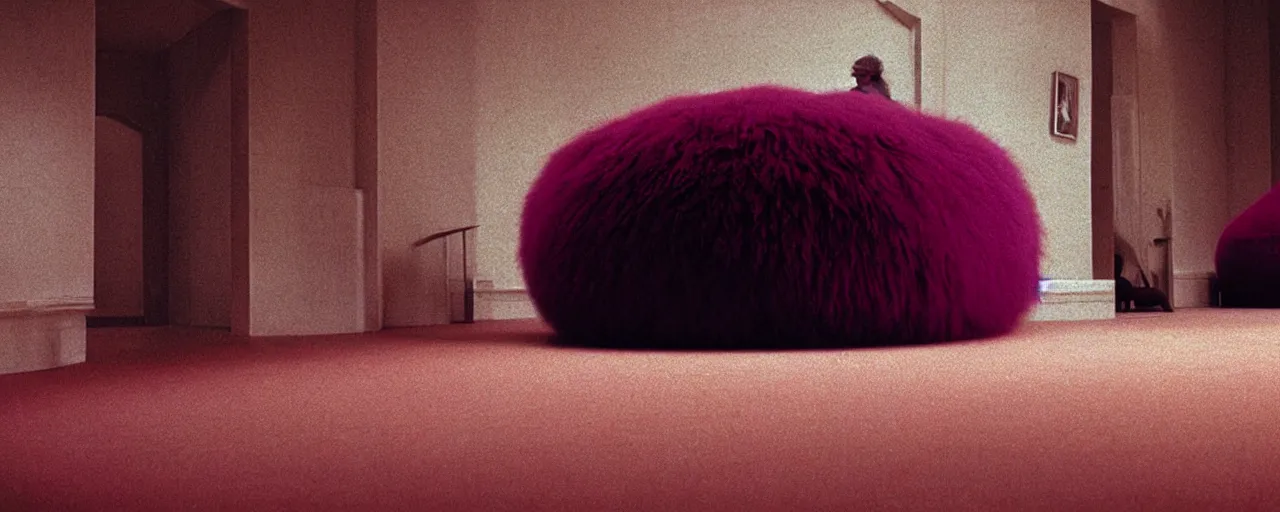 Image similar to a strange huge fluffy furry poufs ottomans sits in the room, film still from the movie directed by denis villeneuve with art direction by zdzisław beksinski, close up, telephoto lens, shallow depth of field