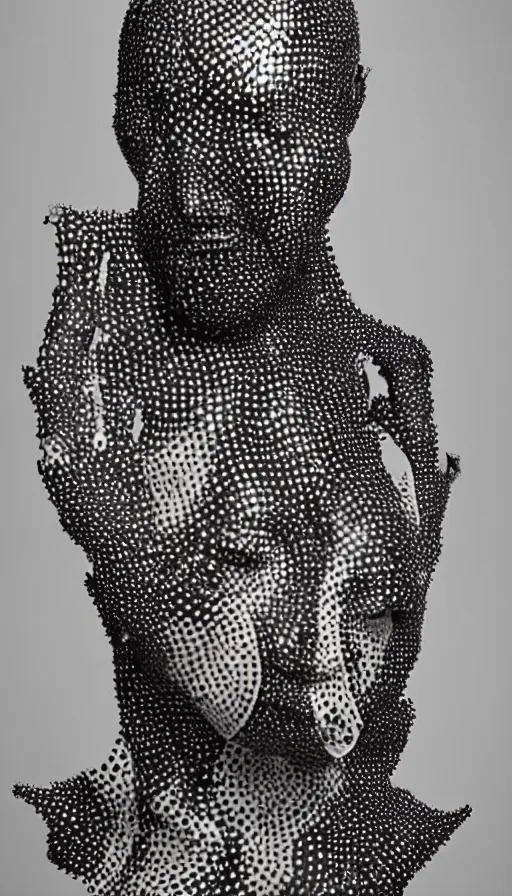 Image similar to a woman with a plastic mask on her face, a surrealist sculpture by alexander mcqueen, trending on pinterest, plasticien, trypophobia, biomorphic, made of plastic
