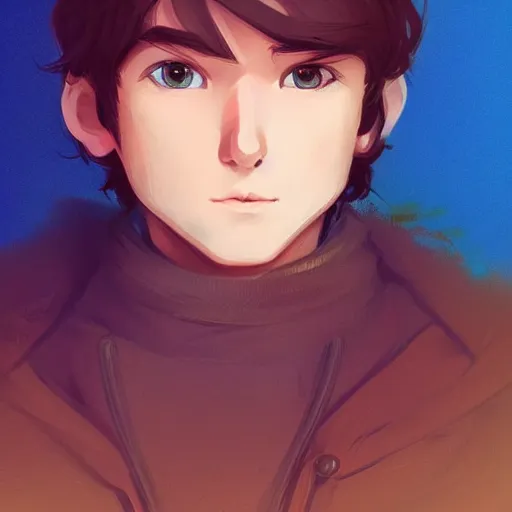 Prompt: portrait of a boy with long fluffy brown hair. blue background. digital art, procreate, stylized, by rossdraws, ghibli, greg rutkowski