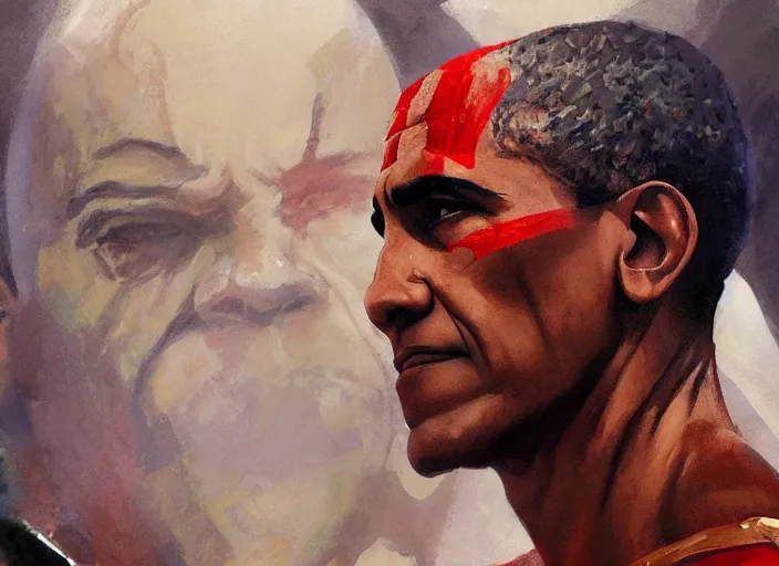 Image similar to a highly detailed beautiful portrait of barack obama as kratos, by gregory manchess, james gurney, james jean