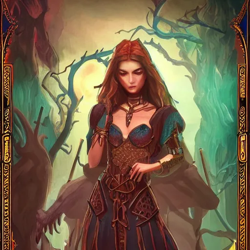 Prompt: a tarot card of a female necromancer, fantasy, d & d, intricate, elegant, highly detailed, digital painting, artstation, concept art, matte, sharp focus, illustration, art in the style of disney