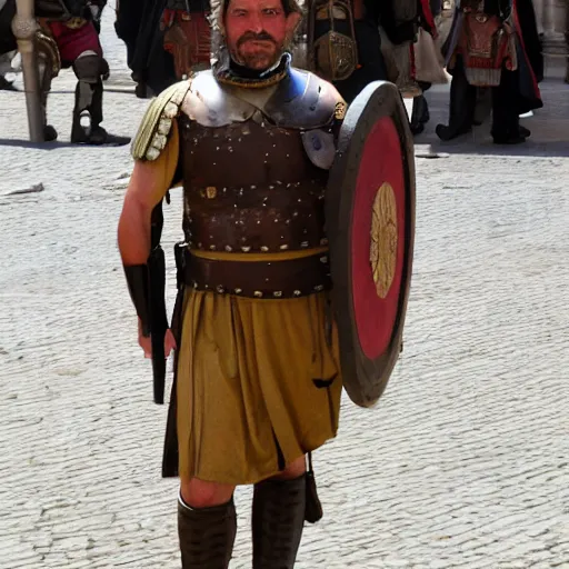 Prompt: a roman legionnaire stranding through madrid