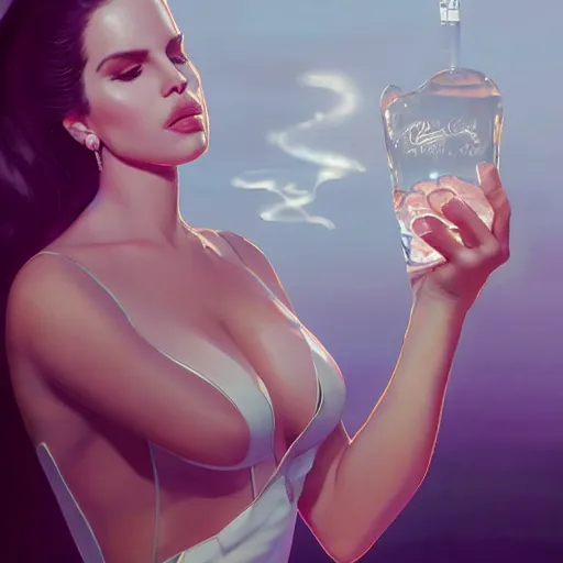 Image similar to detailed photo of lana del rey wearing a playboy bunny outfit emptying a bottle of water down her chest, 8 k, by greg rutkowski, artgerm, global illumination