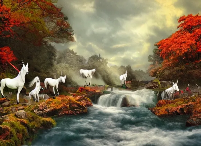 Prompt: unicorns in an autumnal landscape, river and waterfalls, pretty tree with fruits, tormented sky with rain in the background, immaculate horns, little pixies and goblins playing, inspired by clark amanda