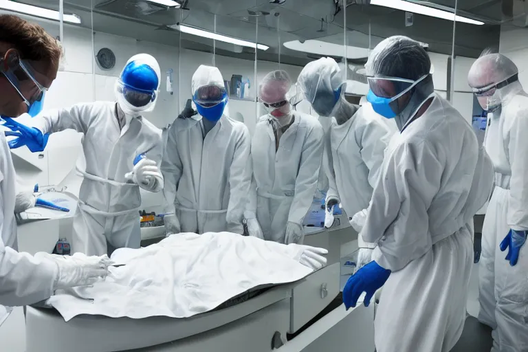 Prompt: alien species autopsy in a cleanroom covered in alien diagrams