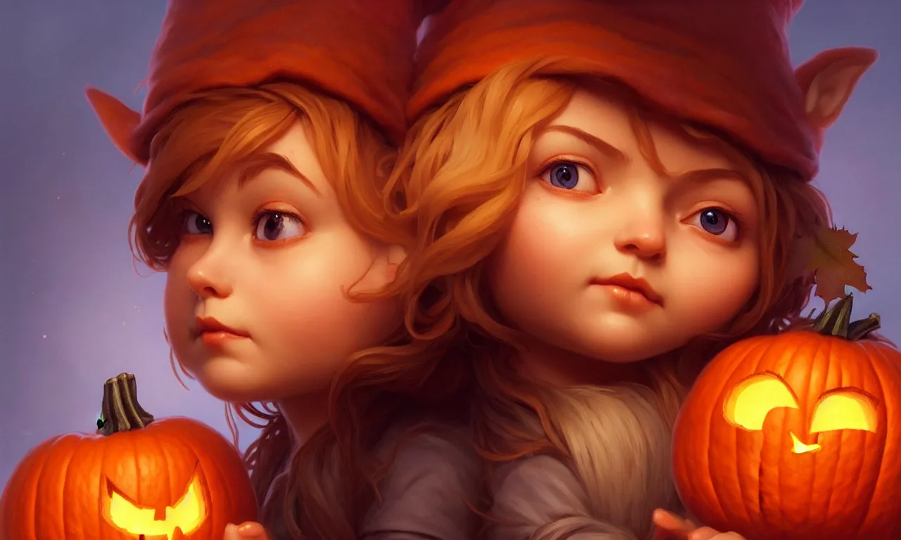 Image similar to hand drawn cute one gnomes face in autumn and pumpkin, detailed closeup face, concept art, low angle, high detail, warm lighting, volumetric, godrays, vivid, beautiful, trending on artstation, art by artgerm and greg rutkowski and alphonse mucha