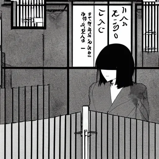 Prompt: a manga vignette with a japanese urban geometrical landscape, black and white, in style of inio asano