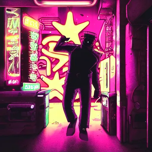 Prompt: patrick star with a pistol in a cyberpunk city, gangster, dark, neon lights, streets