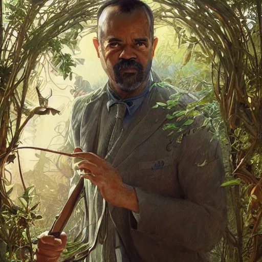 Image similar to full figure ultra realistic illustration, jeffrey wright in garden of eden, simulation, intricate, elegant, highly detailed, digital painting, artstation, concept art, smooth, sharp focus, illustration, art by artgerm and greg rutkowski and alphonse mucha