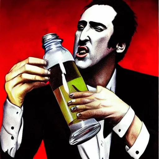 Image similar to Tarantino drinking from bottle Nicolas Cage in liquid form, Surrealism, Surreal drawing, Digital art, from artstation, art by Salvador Dali