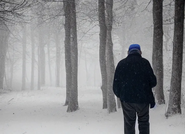 Prompt: a 3 5 mm photo from the back of a senior citizen walking in the misty snowy woods, splash art, movie still, bokeh, canon 5 0 mm, cinematic lighting, dramatic, film, photography, cold blue light, depth of field, award - winning, anamorphic lens flare, 8 k, hyper detailed, 3 5 mm film grain