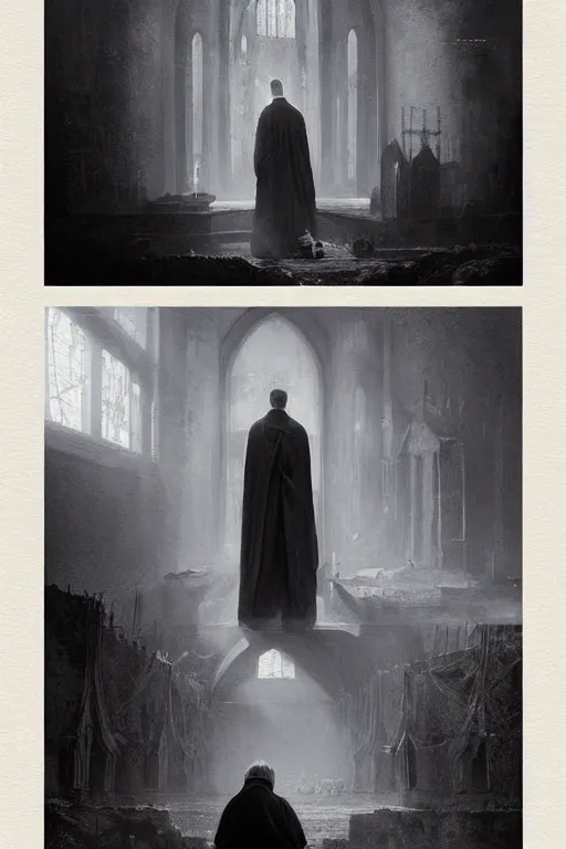 Prompt: A priest is trying to punish God for the death of his sister. He is getting ready to burn down the church, when supernatural forces start to torture him, horror, illustrated by Greg Rutkowski and Caspar David Friedrich., Trending on artstation, artstationHD, artstationHQ, 4k, 8k